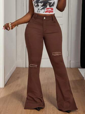 SHEIN SXY Women's Pocket Distressed Flare Casual Versatile Denim Jeans