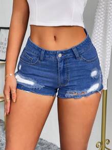SHEIN Tall 女式破洞口袋紧身休闲百搭牛仔短裤 - 中等水洗藍 - 查看 2