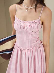 Muvela Women Mid-Long Striped Ruffle Hem Spaghetti Strap Midi Dress, Elegant Summer Dress For Ladies - Multicolor - View 4