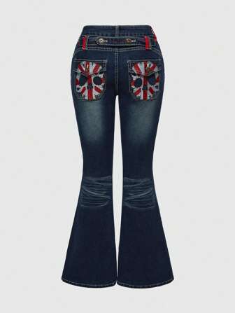 Grunge Punk Y2K Unabhängigkeitstag Flagge & Totenkopf Muster Damen Slim Flared Jeans