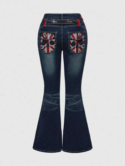 Grunge Punk Jeans évasés slim pour femmes avec imprimé drapeau et crâne du Jour de l'Indépendance Y2K