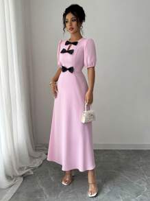 Elenzga Women's Two-Tone Bowknot Waistband Ruffle Hem Slimming Short Sleeve Mid-Length A-Line Dress - Pink - View 4