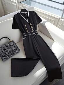 Franclia 女式夏季双排扣短袖休闲连体裤 - 黑色 - 查看 3