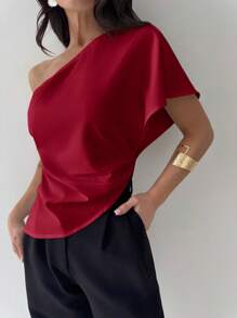 Firerie Women Modest Asymmetrical Neck Blouse, Casual Elegant Office And Wedding Guest, Spring/Summer, Asymmetric Ruched Hem Textured Fabric Red Top - Burgundy - View 6