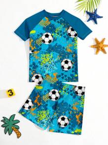 SHEIN Young Boy Casual Loose Fit Round Neck Short Sleeve T-Shirt And Shorts Swimming Trunks Set, Suitable For Summer - Multicolor - View 3