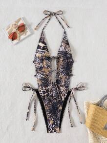 Swim SXY 女式夏季豹纹深 V 性感露背镂空系腰连体泳衣，海滩度假风格