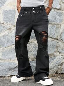 Manfinity EMRG Pantalones vaqueros informales de hombre con remaches, deshilachados y bajo desgastado