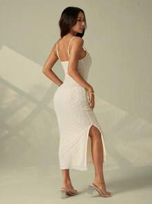 SHEIN PETITE 情人节结婚季春夏新款优雅浪漫约会杏色吊带领收腰紧身质感面料开衩长裙 - 杏色 - 查看 8