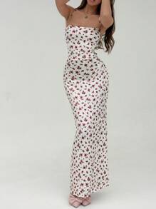 Aloruh Romantic Date Ditsy Floral Spaghetti Strap Backless Dress With Mermaid Hem, Pink & White, Spring/Summer