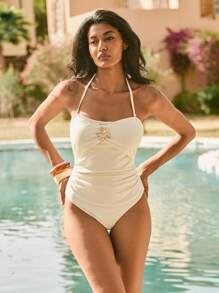 Swim Chiccia Đồ bơi một mảnh họa tiết hoa kim loại trơn màu dễ thương cho nữ, phong cách kỳ nghỉ - Màu be - Xem 2
