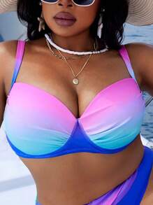 Slaydiva Plus Size Women Casual Ombre Printed Adjustable Strap Halter Bikini Top, Suitable For Holiday And Daily Wear For Summer Beach Vacation