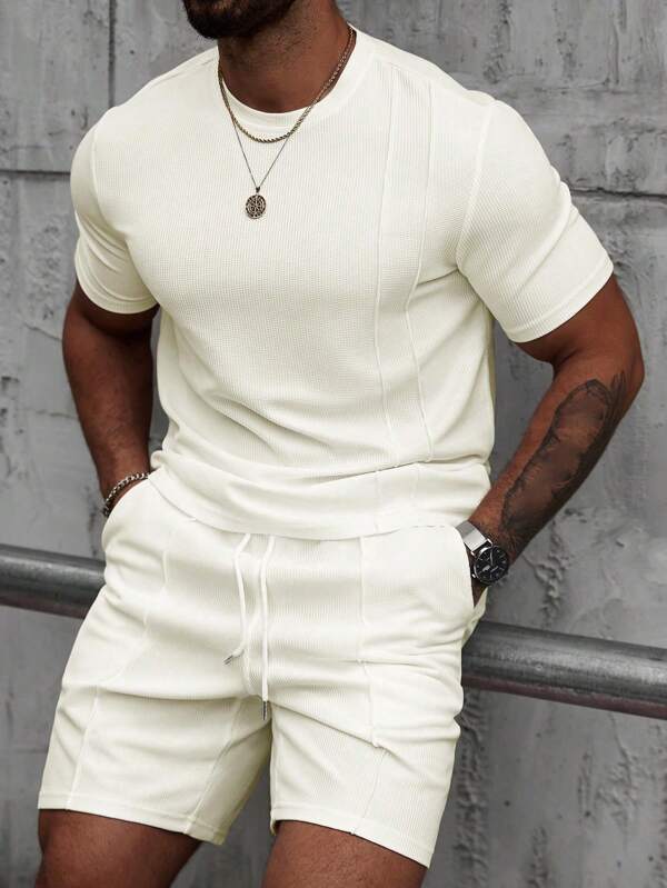 Manfinity CasualCool Conjunto de dos piezas casual de punto de unicolor básico de verano para hombres, con cuello redondo y manga corta, adecuado para uso diario casual, un regalo apropiado para el esposo y el novio