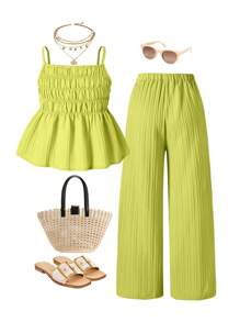 Sparklyn Young Ladies' Cute Vacation Casual Spaghetti Strap Top & Wide Leg Pants Set, Spring/Summer - Mustard Yellow - View 2