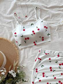 Soleia Women Casual Cropped Tank Top And High Slit Drawstring Bodycon Skirt Set, Cherry Print, Suitable For Summer Suitable For Going Out - Multicolor - View 4