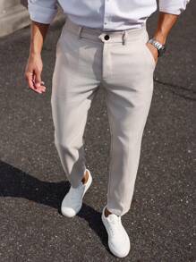 Manfinity Mode 男士纯色商务休闲裤，配有腰带环，适合夏季通勤