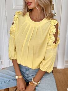 Easowa Women's Solid Color Applique Decor Off Shoulder Pleated Fashion Blouse Butter Yellow Fairycore Flowy Top Going Out Tops - Yellow - View 5