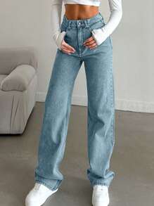 SHEIN Tall Jeans taille haute à jambe droite effet neige lavé pour grandes tailles - Jean clair - Voir 6