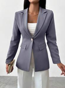 EURMUSE Women's Casual Solid Color Elastic Waist Blazer Jacket For Fall - Dark Grey - View 3