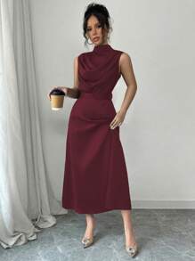 Elenzga Women's Elegant Green Collared Ruched Waist Sleeveless A-Line Dress, Spring/Summer - Red - View 5