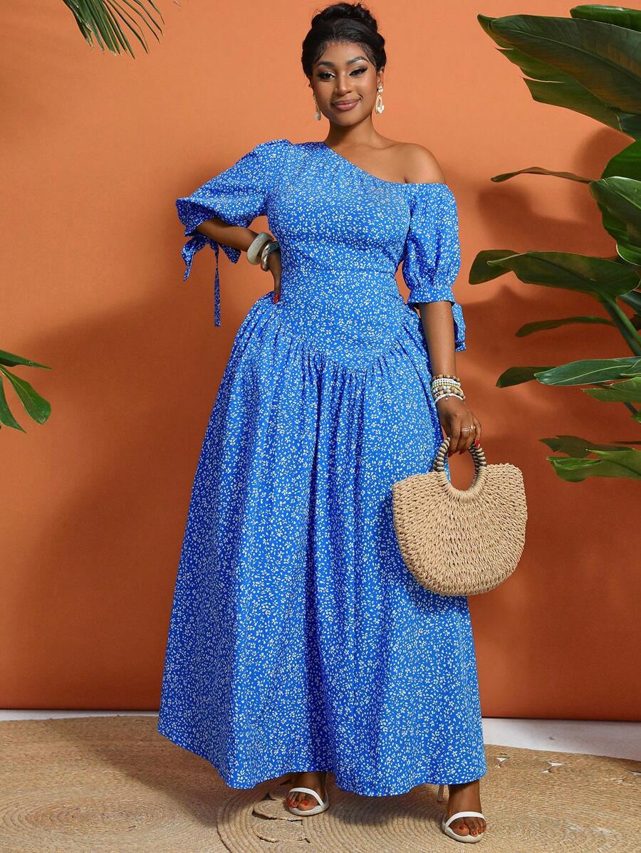 Lunelith SHEIN Lunessa New Arrival Chic Ditsy Floral Asymmetrical Shoulder Women's Long Dress, High-End Style