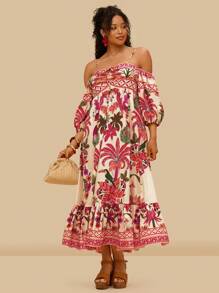 Travachic Plus Size Tropical Print Off Shoulder Long Dress,Summer Dresses For Women - Orange - View 3