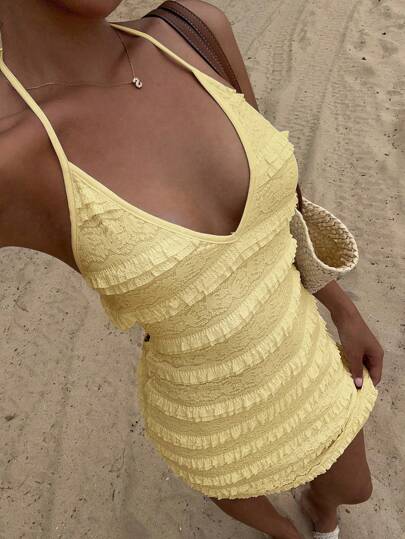 Opulessa Yellow Cream Solid Color Knitted Halter Backless Fitted Mini Dress For Women, Summer Vacation Outfits,Bohemia Beach Vacation Outfits,Boho Chic,Holiday Festival Outfits, Graduation Outfit, Birthday Dresses For Women ,Beach Essentials, Tea Party Dress Suitable For Going Out, Concert, Party, Casual,Club Outfits, Date, Night Out,Vacation ,Beach Outfits,Garden Wedding Guest Dress, Elegant Dress For Women, Concert, Party, Club Outfits, Valentine's Day ,