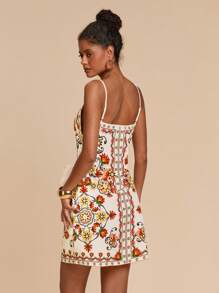 Travachic 度假风黑鹦鹉、棕榈树和樱花花卉印花裹身式蝴蝶结波西米亚连衣裙 - 彩色 - 查看 2