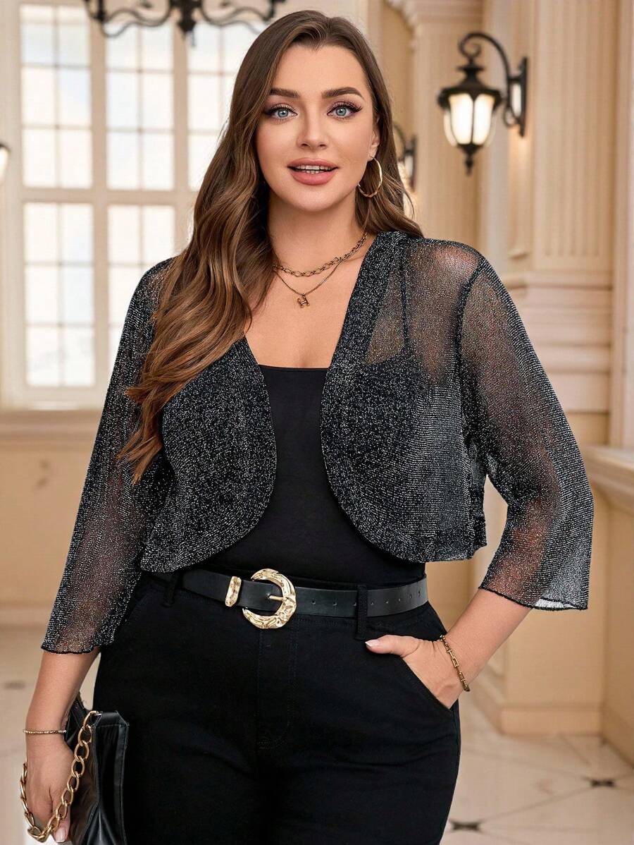 Reflora Plus Size Women's Carnival Costume Shiny Metallic Black And Gold/ Sequin See-Through Short Jacket, Autumn Winter Fall Cocktail - Black - View 1