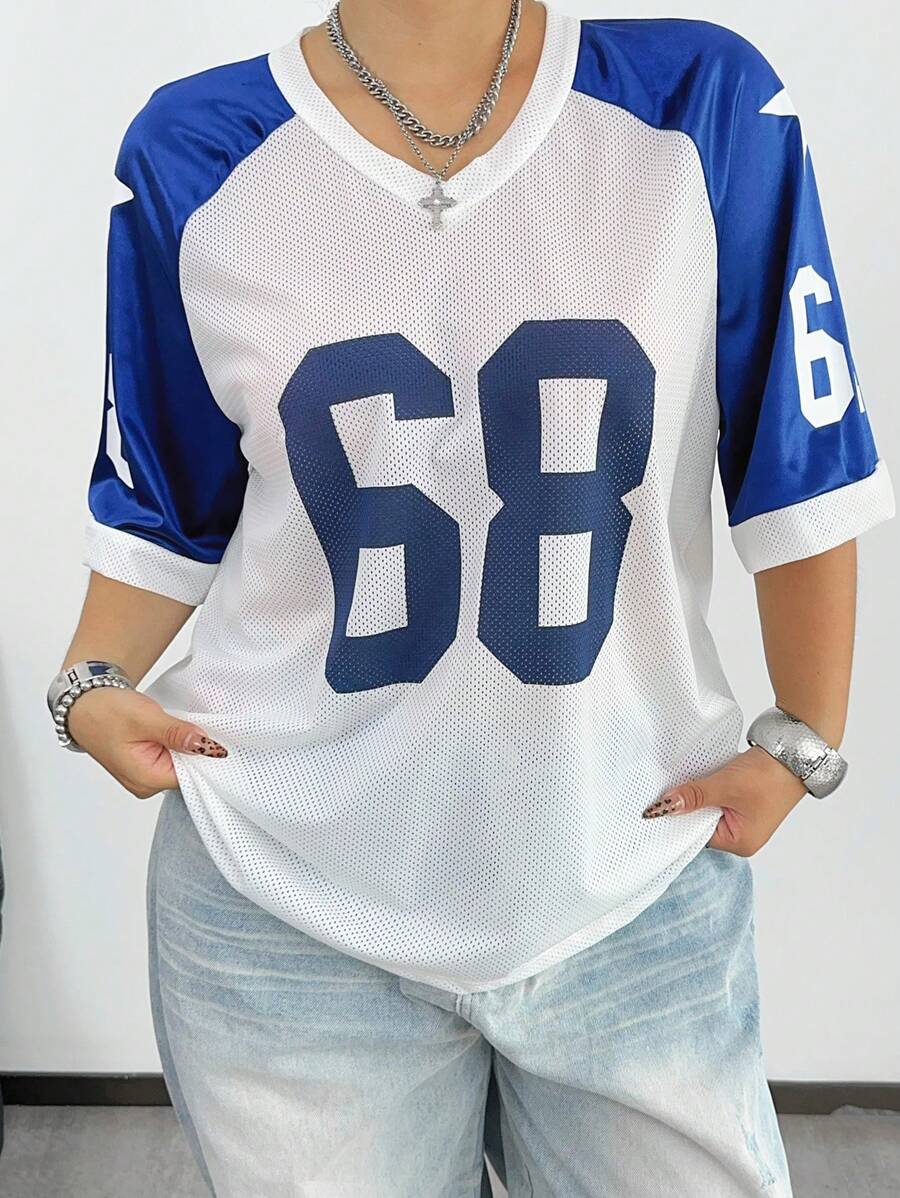 POPSWAY Áo thun họa tiết cỡ lớn, tay ngắn rộng thùng thình, in số, áo thun họa tiết phong cách đại học dành cho nữ - Nhiều màu - Xem 1