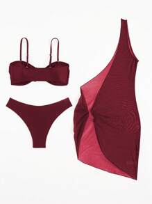 Swim SXY 3件組女款黑色復古硬幣泳裝套裝：掛脖比基尼上衣、不對稱網紗裙 & 裝飾金屬飾件性感泳裙，夏季海灘度假穿搭 - 酒紅色 - 查看 7