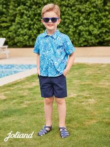 Joliand 1 pieza Camisa de manga corta con estampado de piña floral azul casual y elegante para vacaciones en la ciudad, adecuada para ocio, uso diario, viajes, hogar, playa, verano para niños pequeños