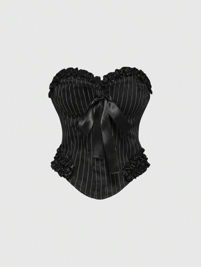Goth Top corsetto con pancia scoperta in stile gotico, a righe, con laccio a fiocco, intimo donna