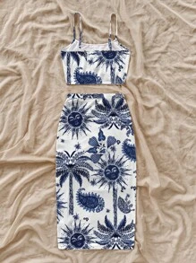 Soleia 女式夏季太阳脸印花吊带背心上衣和侧开衩中长裙两件套