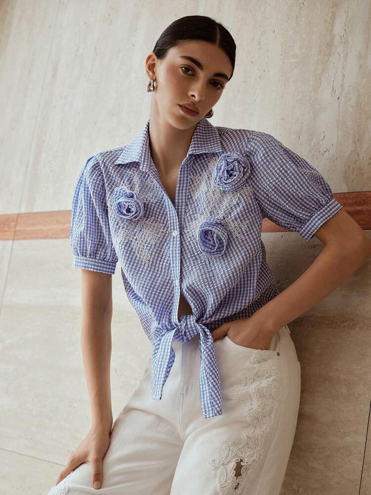 CHEMISE FEMME À DESIGN FLORAL, PATCHWORK DE DENTELLE RAYÉE BLEU ET BLANC, STYLE AMPLE