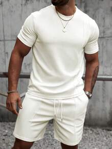 Manfinity CasualCool Completo estivo da uomo basic a tinta unita in maglia, collo rotondo, maniche corte, due pezzi, adatto per uso casual quotidiano, regalo adatto per marito e fidanzato