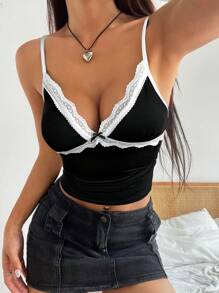 SHEIN EZwear Summer Casual Black Lace Women's Tank Top Sexy - Black - View 7