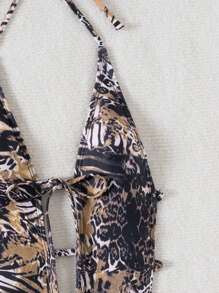 Swim SXY 女式夏季豹纹深 V 性感露背镂空系腰连体泳衣，海滩度假风格