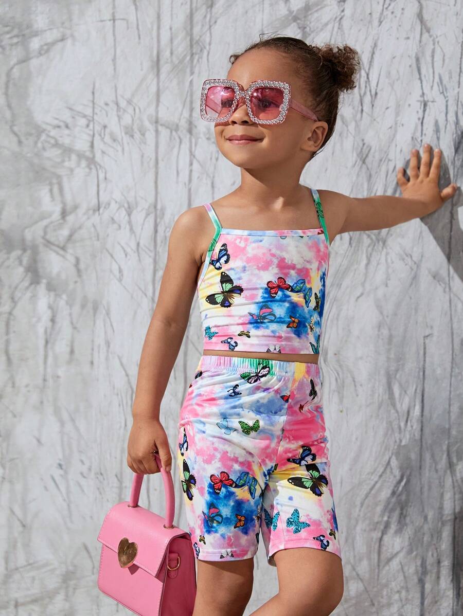 SHEIN Leap Crew 少女蝴蝶印花扎染背心上衣和短褲