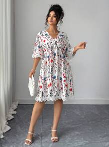 SHEIN Clasi Plus Size Woven Short Romantic Contrast Lace Deep V-Neck Beach Vacation Dress - White - View 6