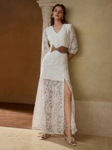 MOTF PREMIUM LACE BELTED DRESS - White - View 7