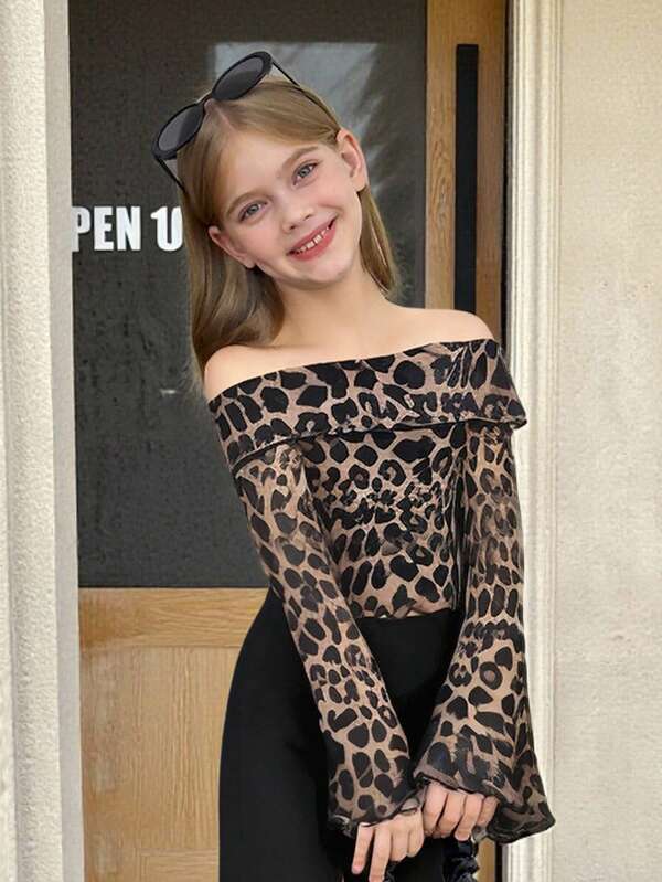 SHEIN Tween Girl Leopard Print Mesh Off Shoulder Flare Sleeve Blouse , Casual& Elegant Everyday Wear