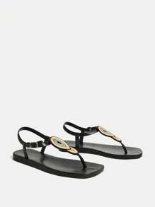 Grefit 女士平底人字拖凉鞋，休闲沙滩旅行度假拖鞋 - 黑色 - 查看 6