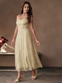 Savoree 时尚法式透明亮片面料无袖连衣裙，荷叶边装饰，收腰，及踝长，浅黄色，适合春夏季 - 黃色 - 查看 5