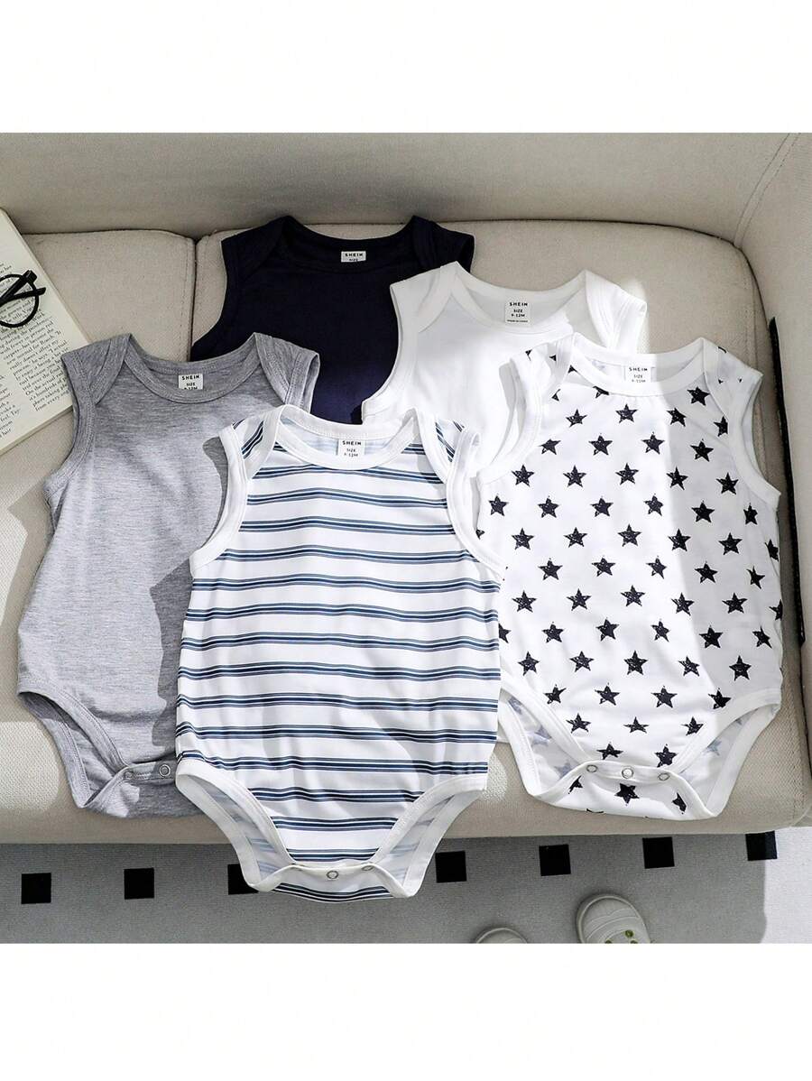 Loomiva 5-Piece Newborn Baby Boy Casual Versatile Knitted Soft Dotted & Striped Tank Top Set