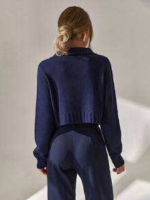 SHEIN Cottnline Double-Breasted Wool Cropped Jacket With Folded Collar, Flap Pockets, And Ribbed Cuffs - Navy Blue - View 2