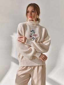 CLARA VERO Women Solid Color Turtleneck Flower Embroidery Drop Shoulder Chunky Pullover Turtleneck Sweater Women Floral Embroidered Sweater Knit Sweater Women's Winter Sweaters Balloon Sleeve Sweater,Jumper,Cream Jumper,Jumpers,Christmas Jumper,White Jumper,Black Jumper,Ladies Jumper,Women's Jumpers - Beige - View 3