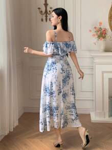 DAZY Elegant Floral Off Shoulder Ruffle Hem Tied Waist Mid-Calf Dress For Women, Summer