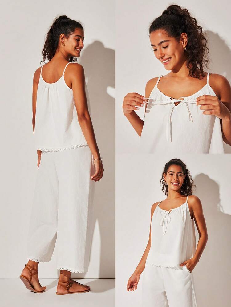 夏用 通気性抜群 100%コットン ホワイト フローラル刺繍レーストリム セクシーキャミソールトップ&パンツ ルームウェア エアリーパジャマセット ファッションカジュアル快適アウトフィット ポケット付きパンツ アウターウェア ブライダルインナー&パジャマドレッシング、春夏マッチングセット カプリ 2ピースセット ウェディングアイテム