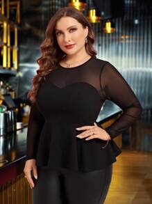 Reflora Áo thun đen dáng rộng cho nữ, chất liệu lưới, viền bèo nhún, thích hợp cho mùa xuân, đám cưới hoặc ngày Valentine. - màu đen - Xem 4