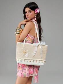 ROMWE Fairycore 1 件度假主题贝壳、珊瑚、珍珠装饰女士手提包，大容量花卉草编沙滩包，适合春夏季 - 彩色 - 查看 4